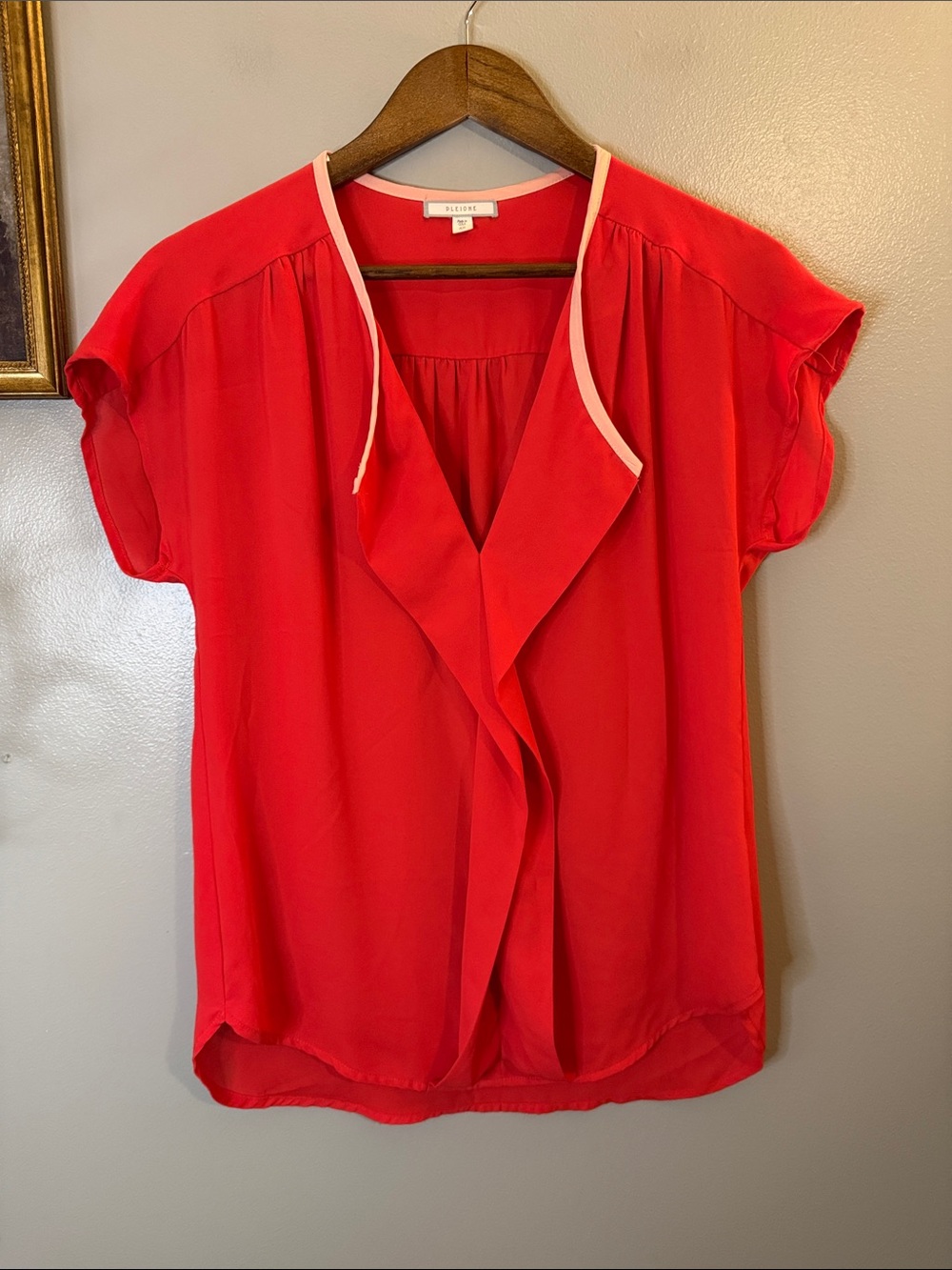 Pleione XS Coral Red Draped Waterfall Blouse Short Sleeve Made USA - Picture 3 of 8